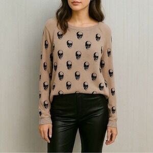 SKULL CASHMERE Tan Black Skull Print Crew Neck Sweater Size S Wool cashmere